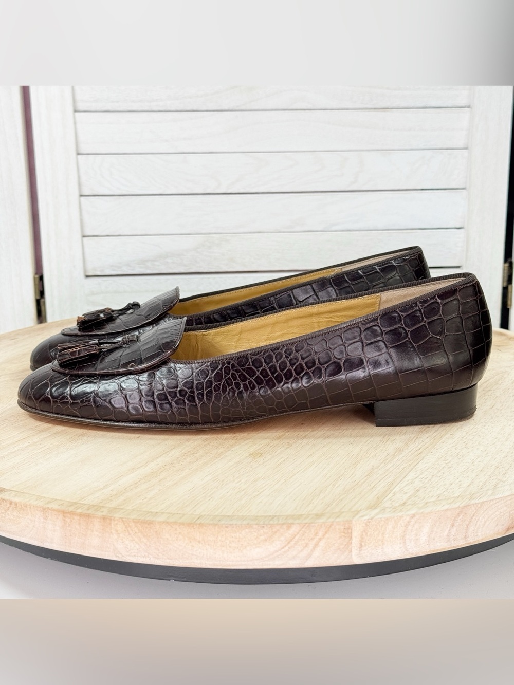Brooks Brothers Croc Embossed Leather Tassel Loafers Brown 10 AA Narrow - Picture 3 of 11